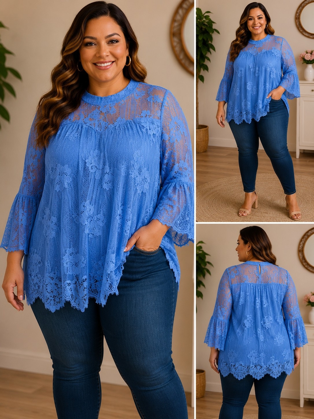 Plus Lace Bell-Sleeve Blouse in Periwinkle